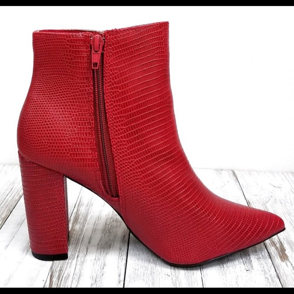 NWOT Red Snakeskin Block Heel Point Toe Ankle Boots - Picture 4 of 7